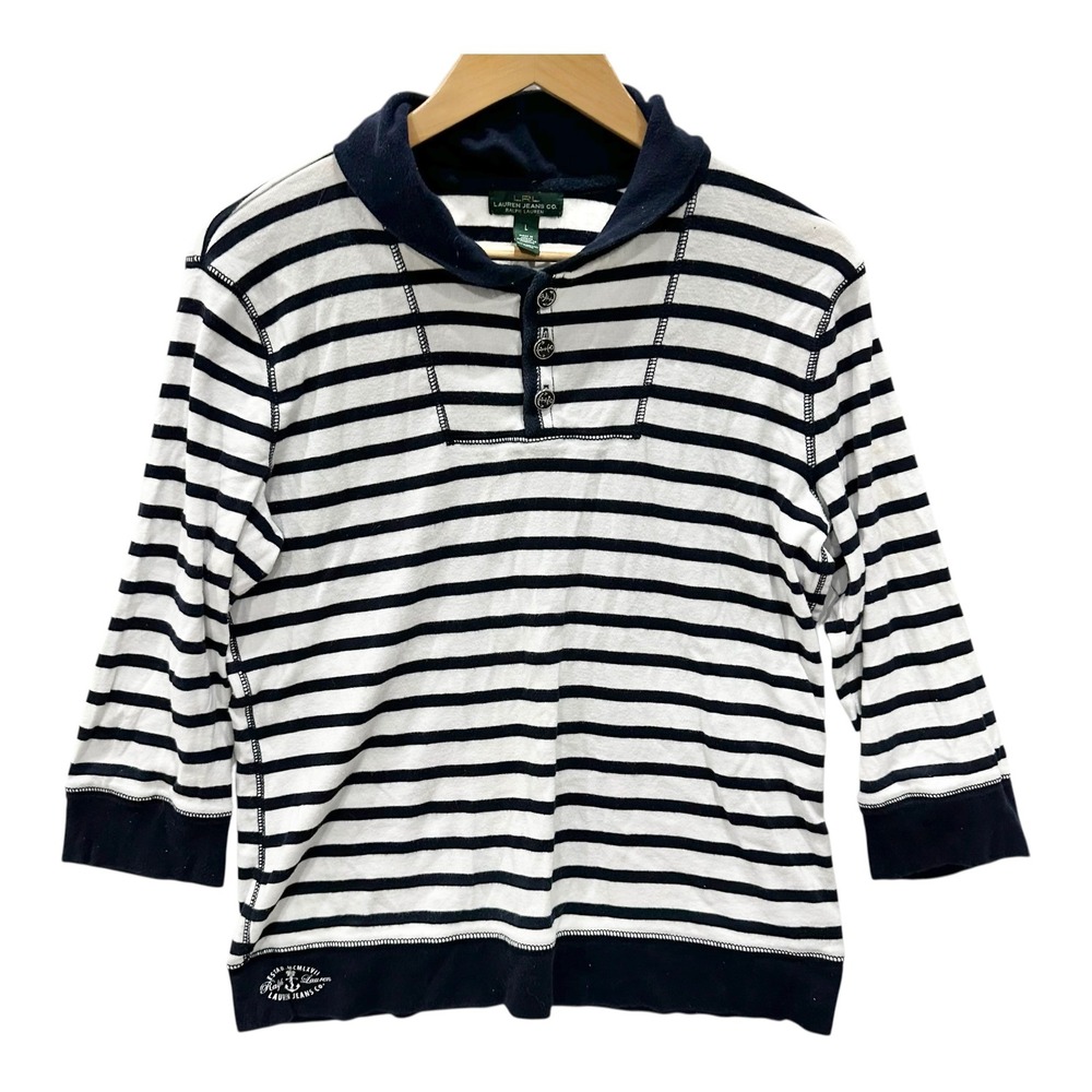 Vtg Lauren Ralph Lauren Navy White Striped Henley Top Womens L Anchor Buttons